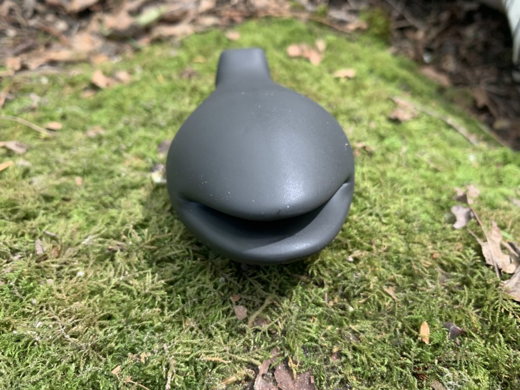 This toy sits on aa mossy area. It's a squishy, silicone toy with a mouth to press against any body parts you can imagine.