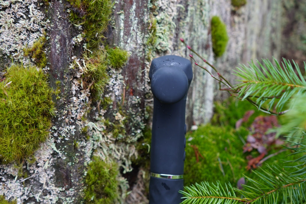 The Love Hamma is on a tree trunk with the front facing forward. The head of the hammer-shaped sex toy is prominently displayed.
