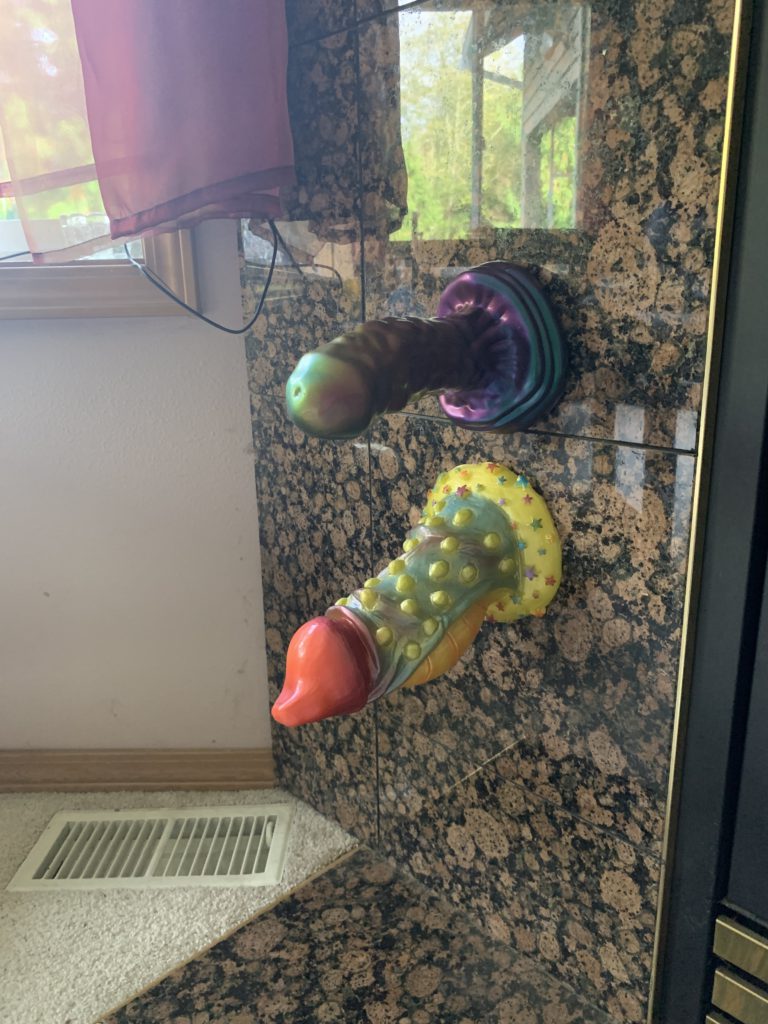 The Organo Toy Humphrey and Organo Abracadabra are ridiculous pieces of art that have a suction-cup function. Here, I entertain my family with these massive beasts. 