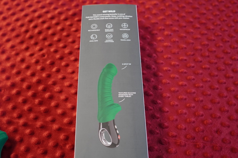 The box of the emerald green vibrator is stuffed with information like they consider this toy to be anal-safe.