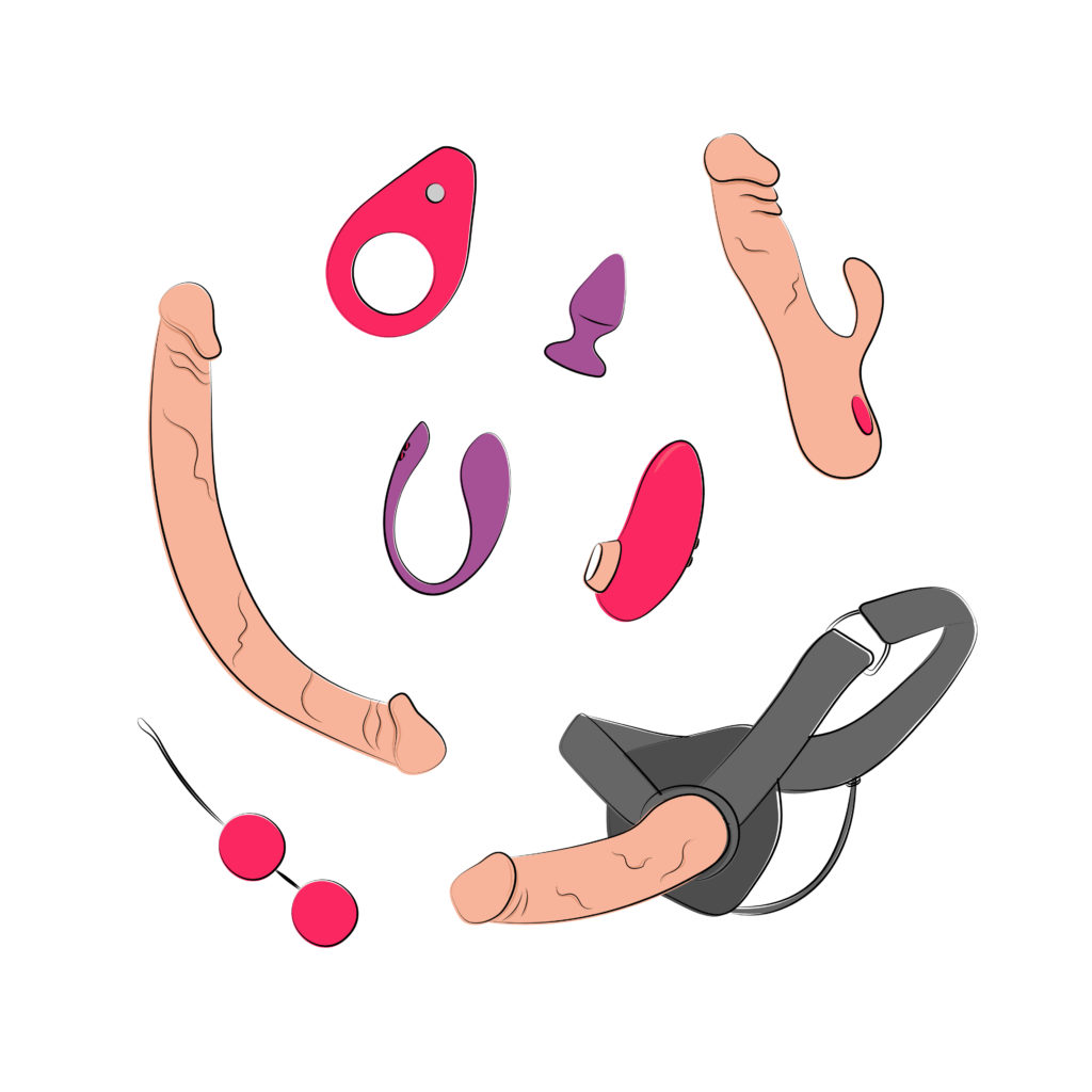 Strap-on sex is a great way to bond with your partner. This photo shows illustrations of sex toys including strap-on harnesses for pegging
