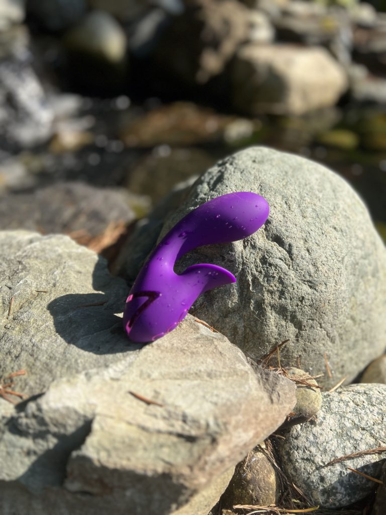 huntington beach vibrator on its side by a pond. it's purple and shaped like a traditional rabbit toy